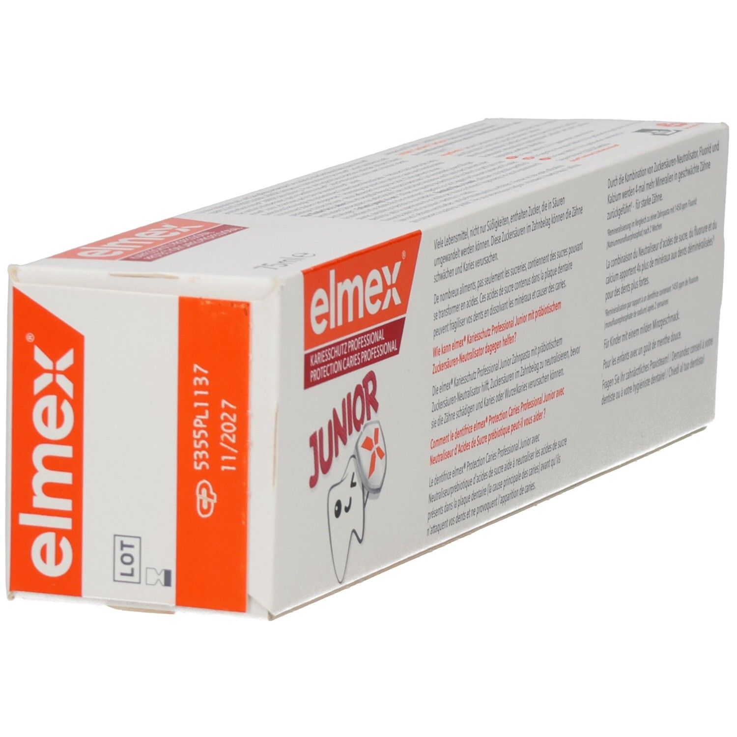 Elmex Kariesschutz Professional Junior Zahnpasta 6-12 Jahre, 75ml, schräge Ansicht.