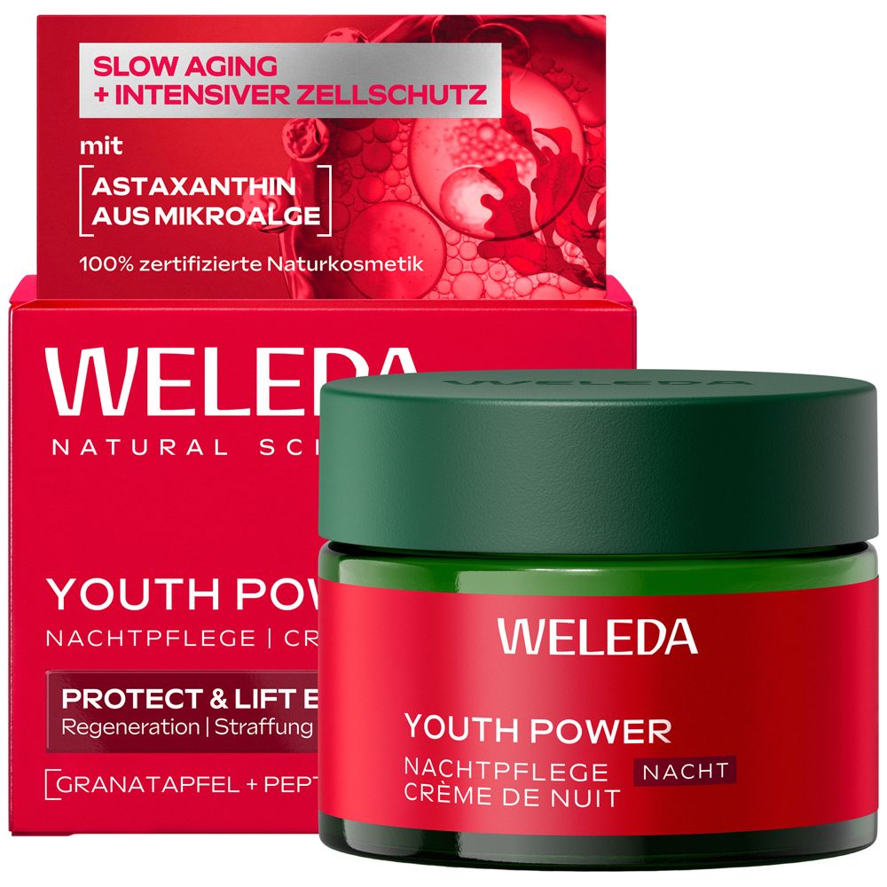 Weleda Youth Power Nachtpflege Tiegel und Faltschachtel mit Granatapfel-Motiv. Mit Astaxanthin.