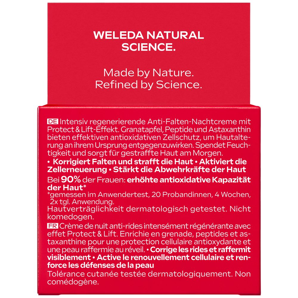 Rückseite der Weleda Youth Power Nachtpflege Faltschachtel mit Produktinformationen und Inhaltsstoffen.