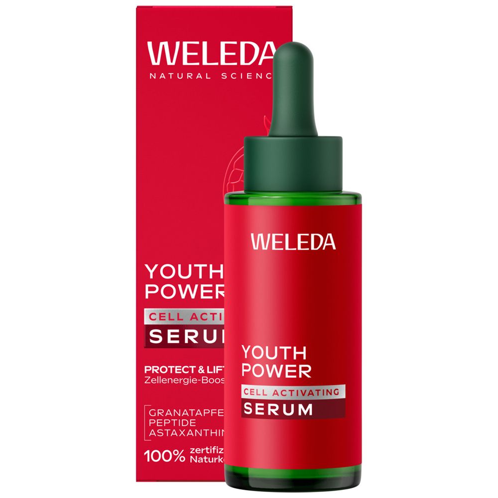 Weleda Youth Power Serum in roter Flasche mit Pipettenverschluss und Faltschachtel.