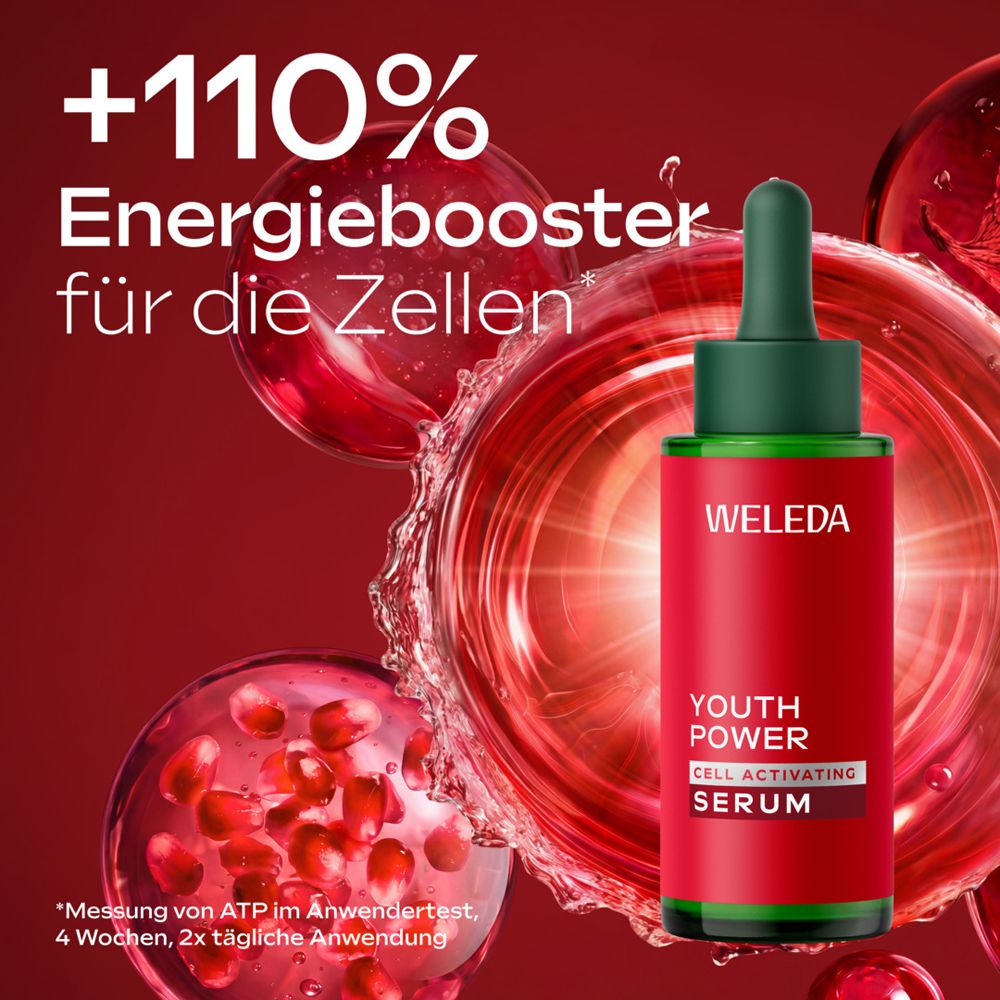 Rote Flasche Weleda Serum mit Text "+110% Energiebooster für die Zellen".
