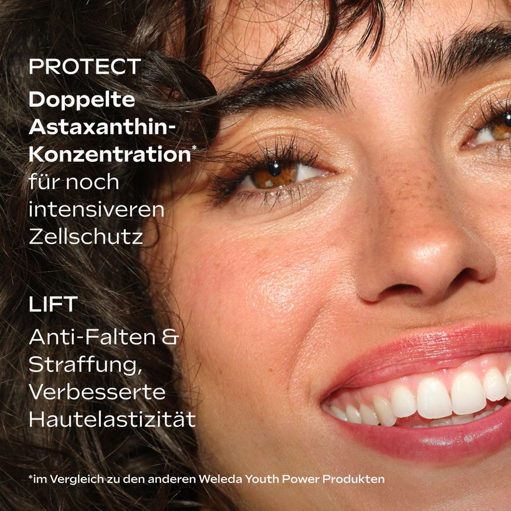 Nahaufnahme eines Gesichts mit Text über Zellschutz und Hautelastizität.