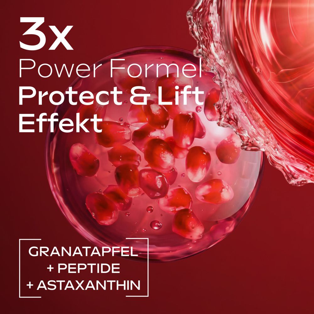 Abstraktes Bild mit Granatapfelkernen und Text "3x Power Formel Protect & Lift".