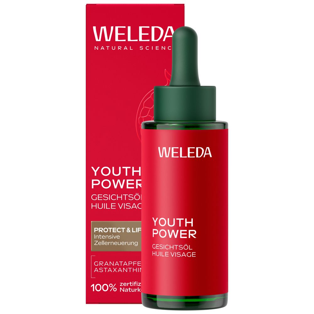 Flacon et boîte pliante Weleda Youth Power Huile Visage avec motif grenade.