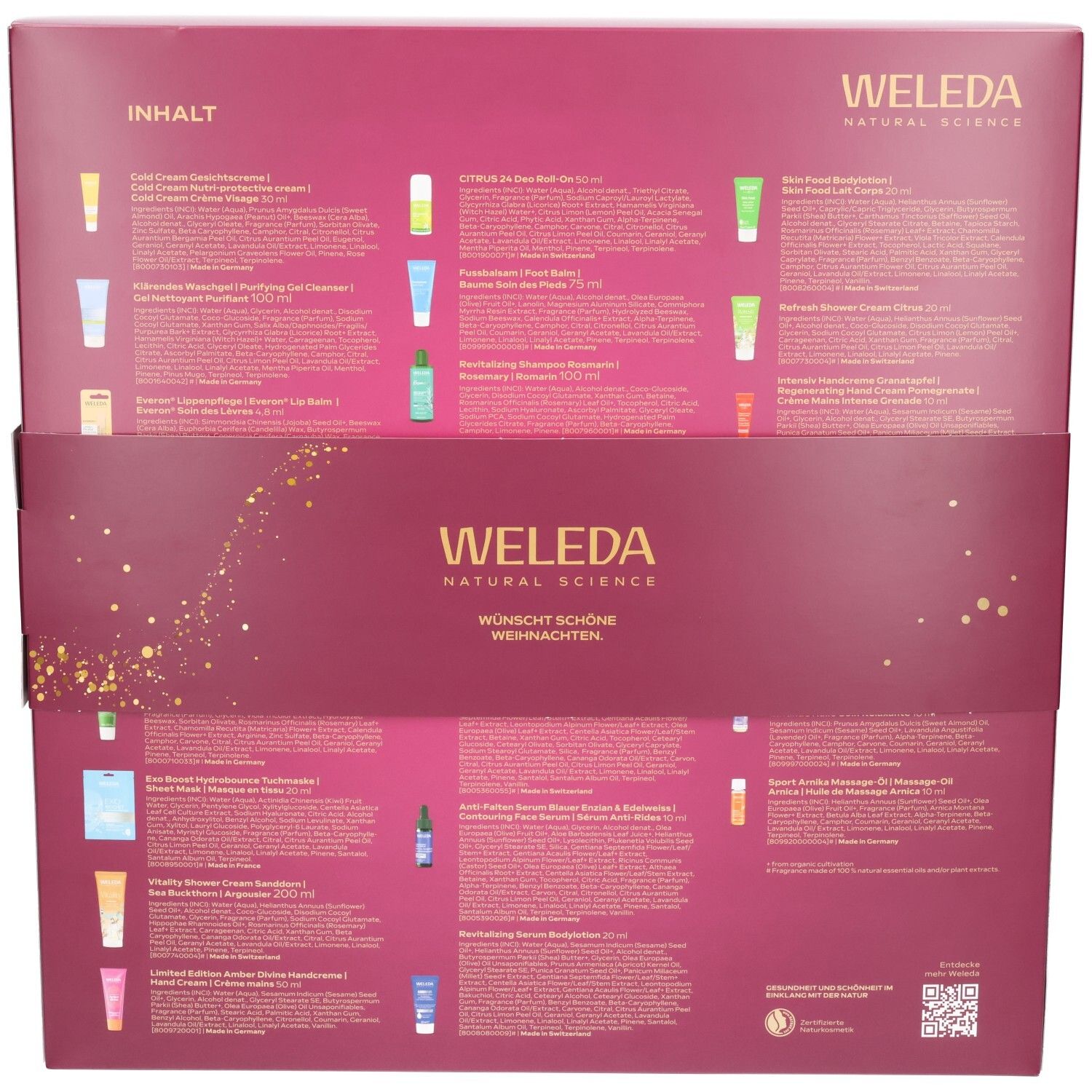 Calendrier de l'Avent ouvert listant les produits Weleda inclus et un message de Noël.