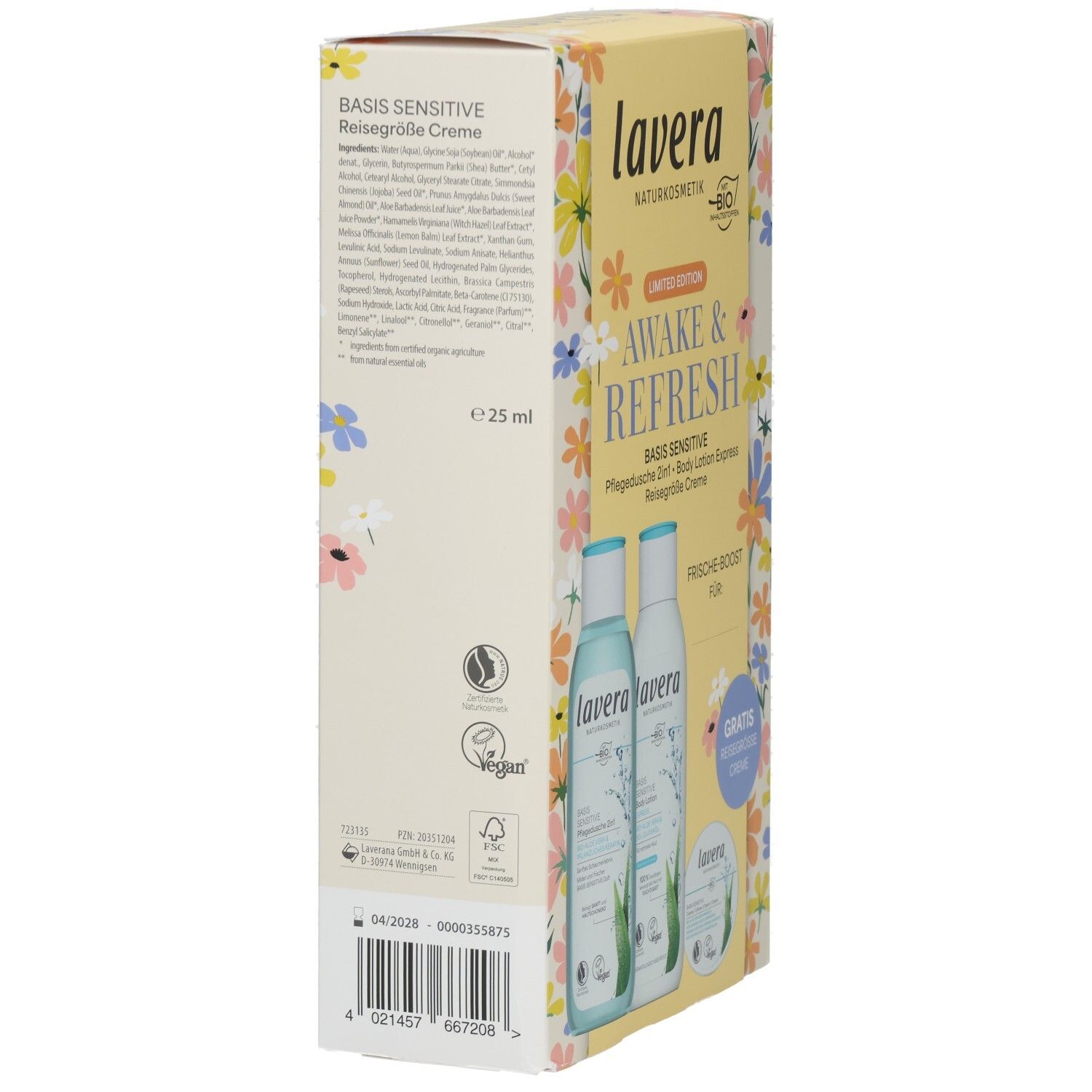 Rückseite der Lavera Geschenkbox mit Inhaltsstoffen und Größenangaben.