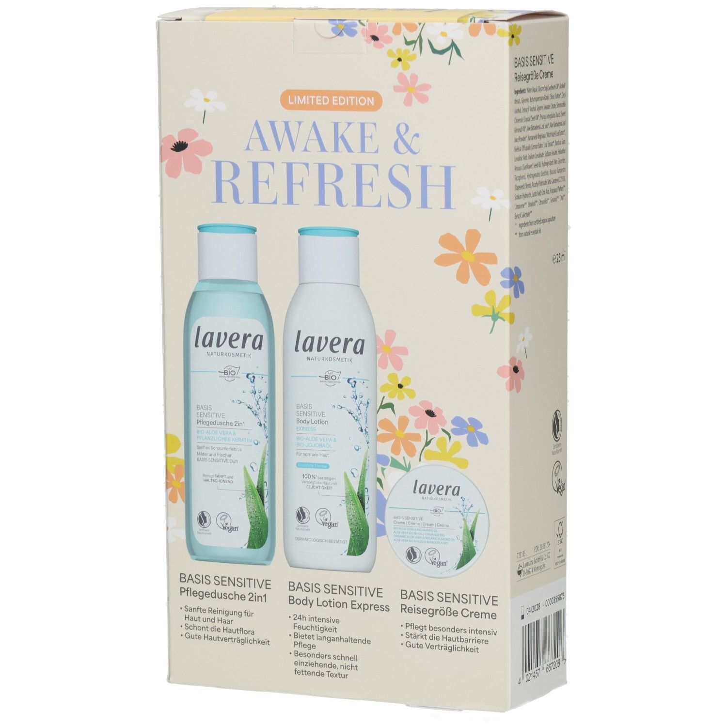 Lavera Geschenkset Awake & Refresh mit Duschgel, Bodylotion und Reisegröße Creme.