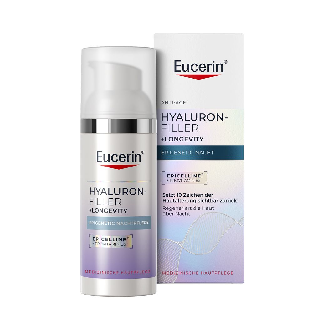 Eucerin Hyaluron-Filler +Longevity Nachtpflege Flakon mit Pumpspender und Umverpackung.