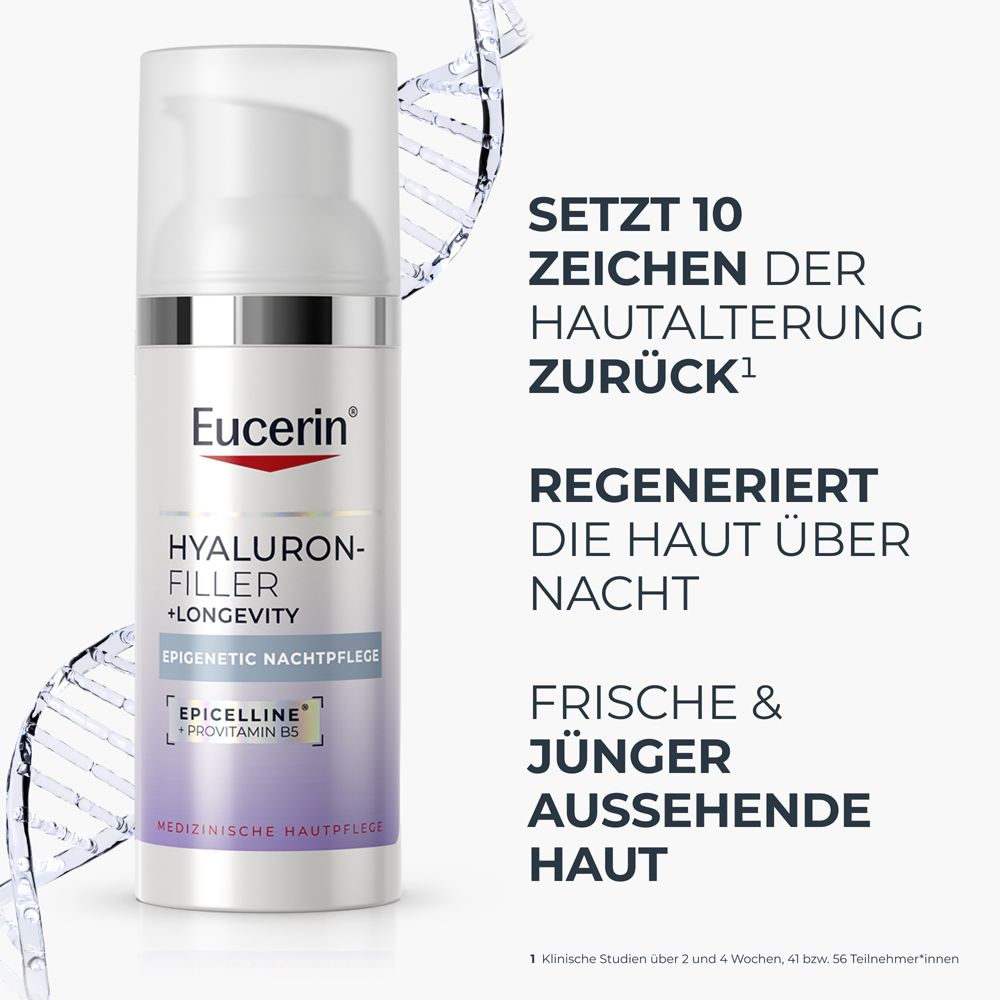 Eucerin Hyaluron-Filler +Longevity Nachtpflege Flakon mit Pumpspender. Regeneriert die Haut über Nacht.