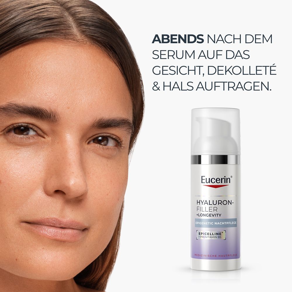 Frau mit Eucerin Hyaluron-Filler +Longevity Nachtpflege. Abends nach dem Serum auftragen.