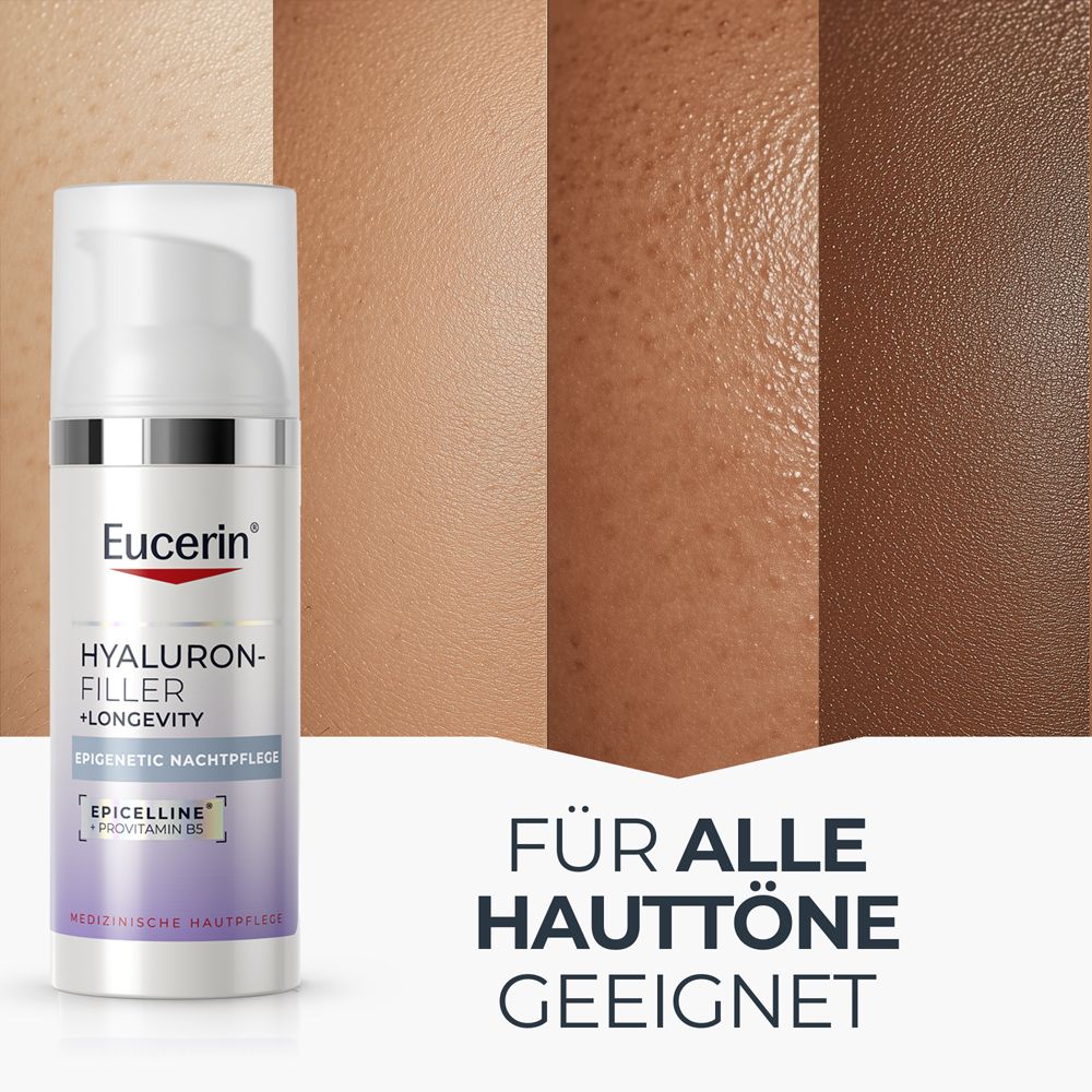 Eucerin Hyaluron-Filler +Longevity Nachtpflege Flakon vor Hauttönen-Collage.