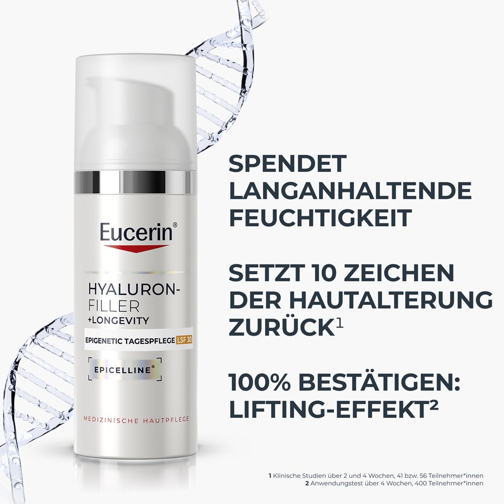 Eucerin Hyaluron-Filler +Longevity Tagespflege LSF 30: Spendet Feuchtigkeit, setzt Zeichen der Hautalterung zurück.