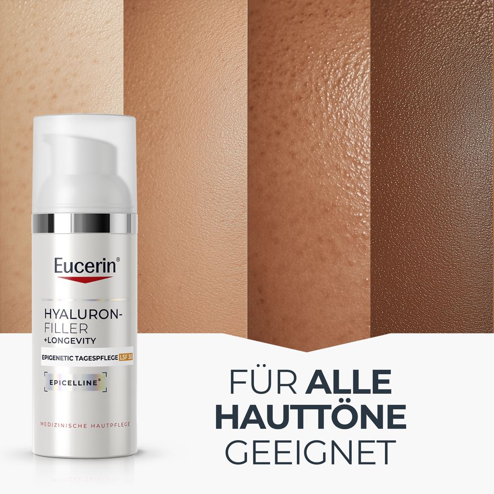 Eucerin Hyaluron-Filler +Longevity Tagespflege LSF 30. Für alle Hauttöne geeignet.