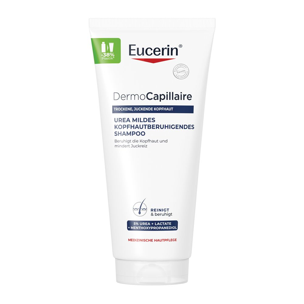 Eucerin DermoCapillaire Urea mildes Shampoo für trockene, juckende Kopfhaut.