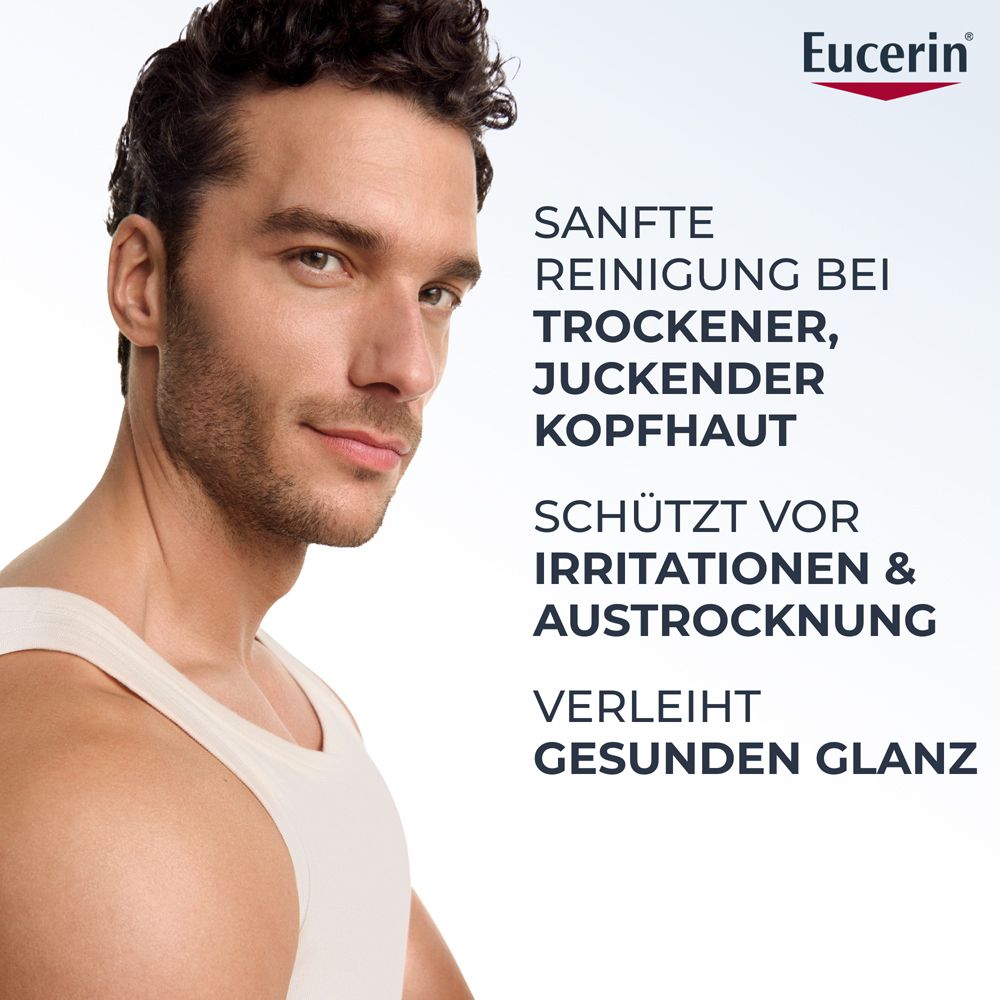 Mann mit weißem Unterhemd, Eucerin Text. Sanfte Reinigung bei trockener, juckender Kopfhaut.