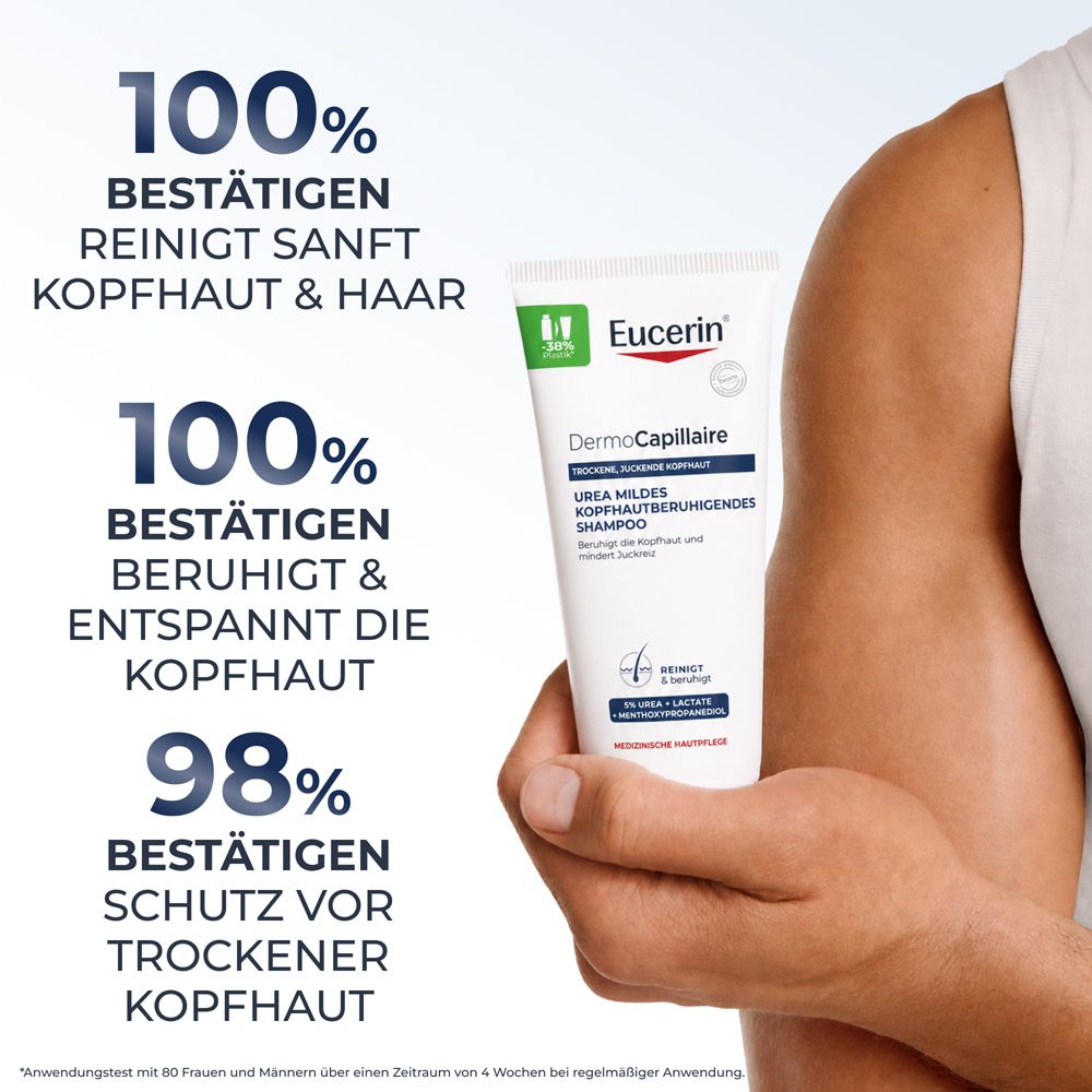 Mann hält Eucerin DermoCapillaire Shampoo. 100% bestätigen sanfte Reinigung und Beruhigung.