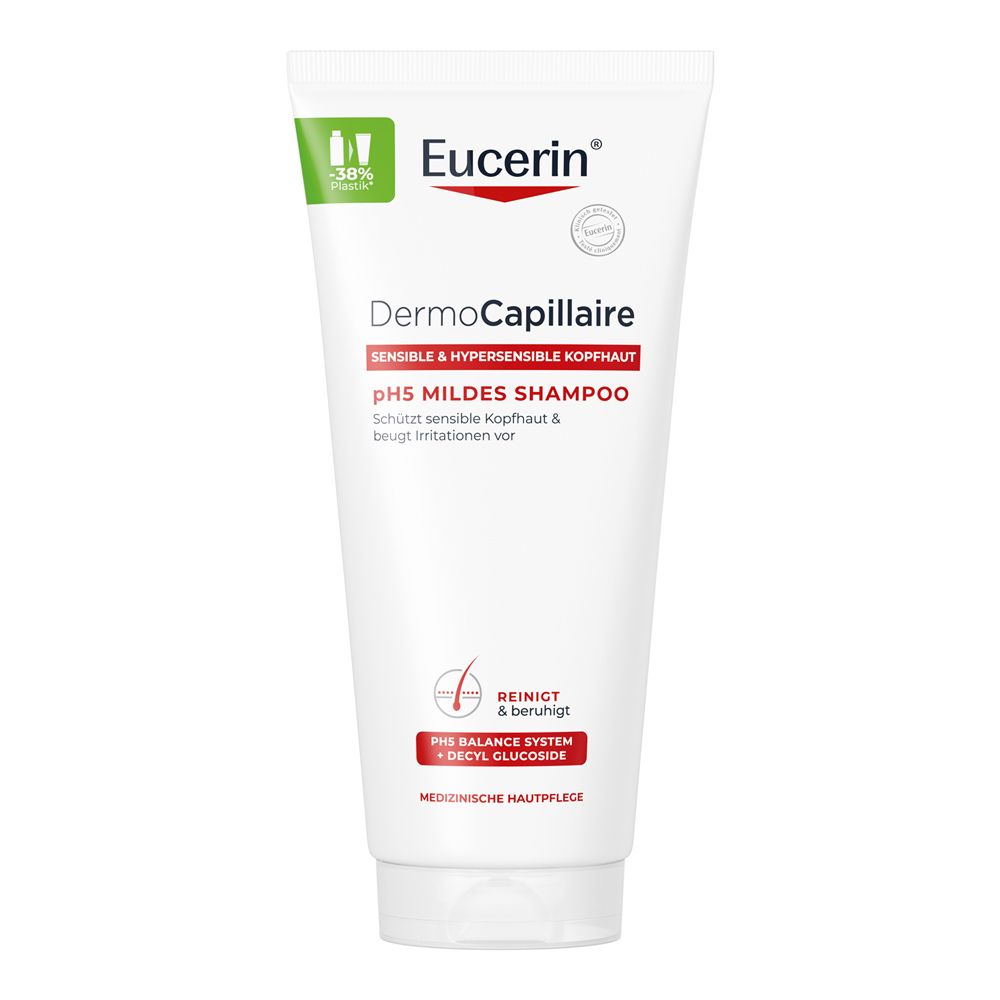 Eucerin DermoCapillaire pH5 Mildes Shampoo Tube mit Informationen zur Kopfhautpflege.