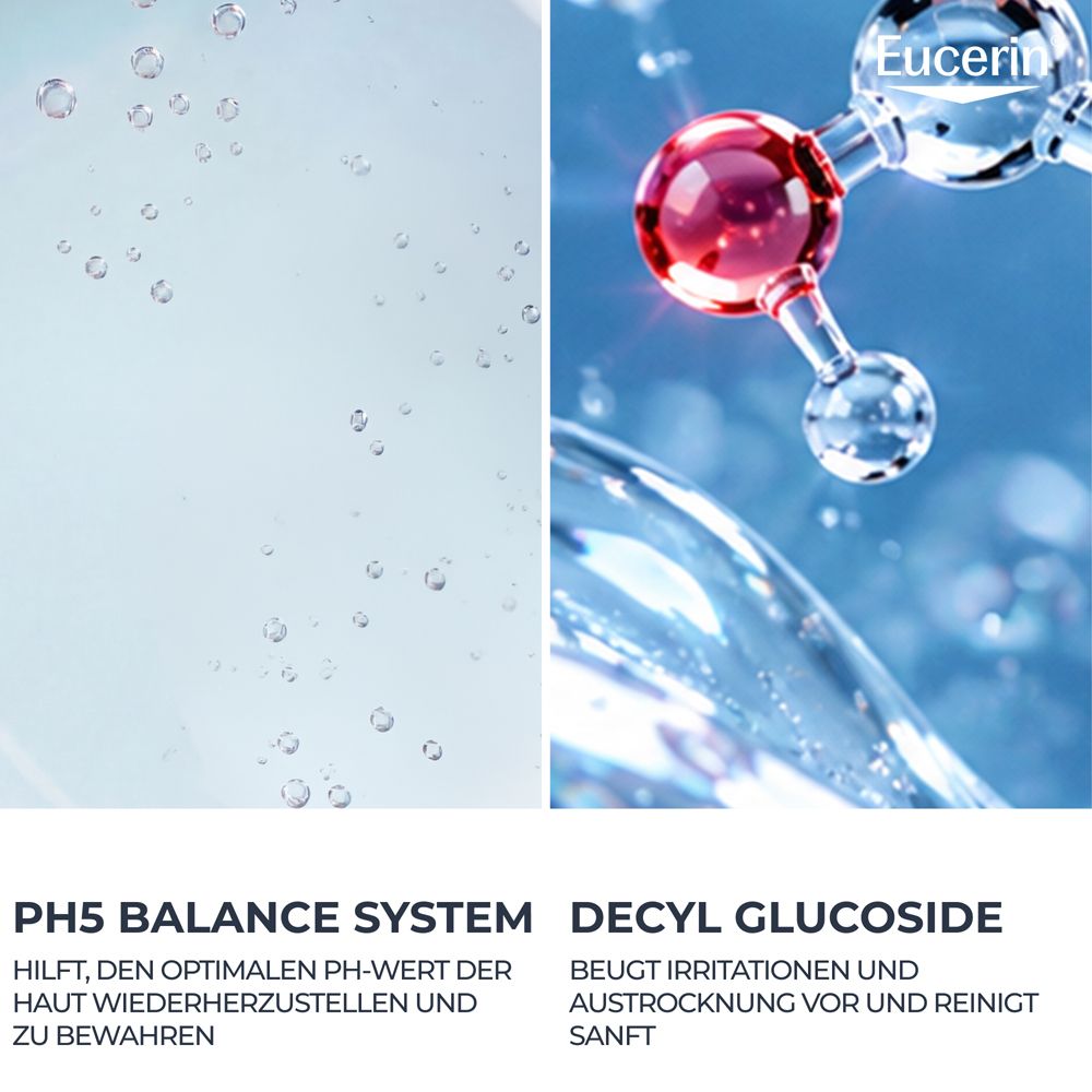 Molekulare Struktur und Wassertropfen, Eucerin pH5 Balance System und Decyl Glucoside.