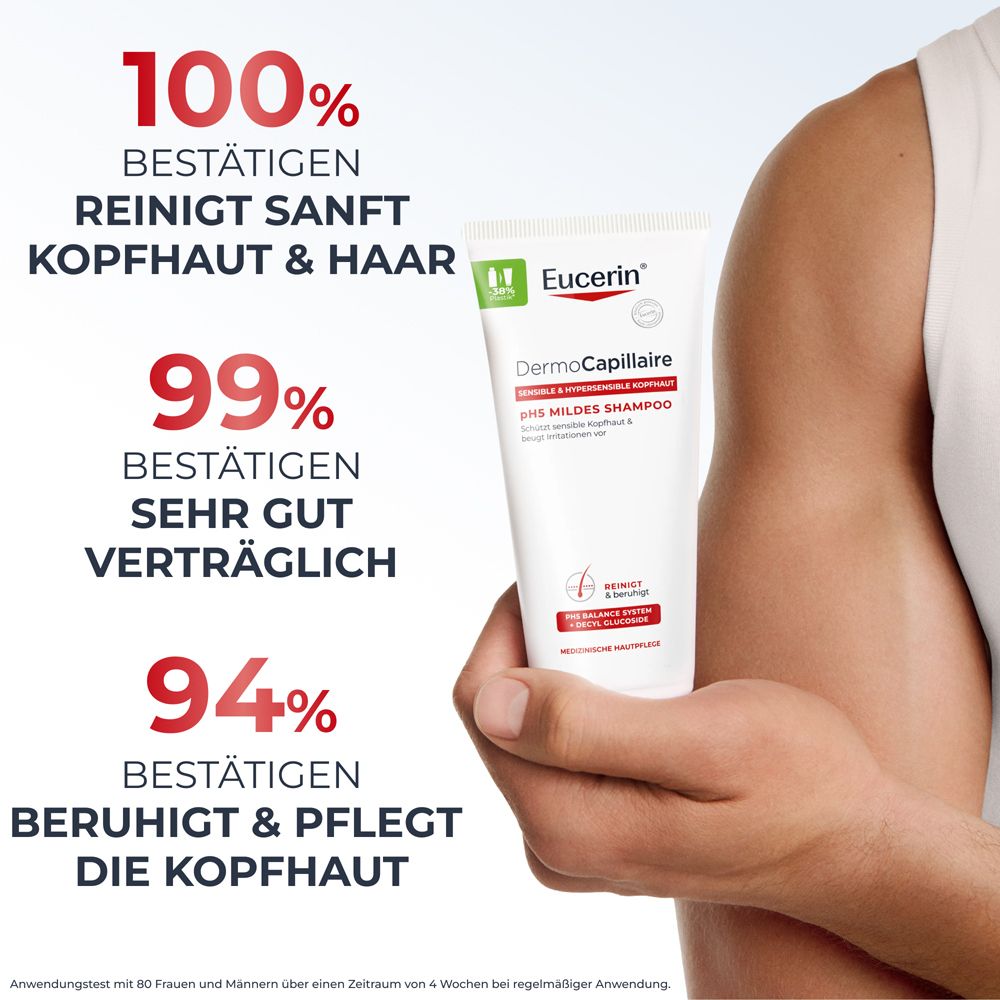 Hand hält Eucerin DermoCapillaire pH5 Mildes Shampoo Tube, 100% bestätigen sanfte Reinigung.