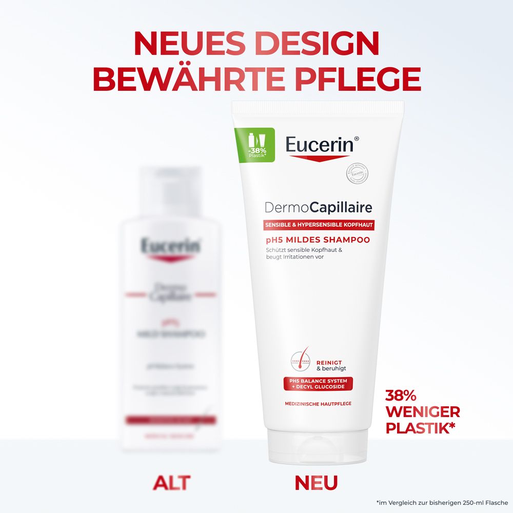 Eucerin DermoCapillaire pH5 Mildes Shampoo Tube (neu) neben älterer Flasche (alt).