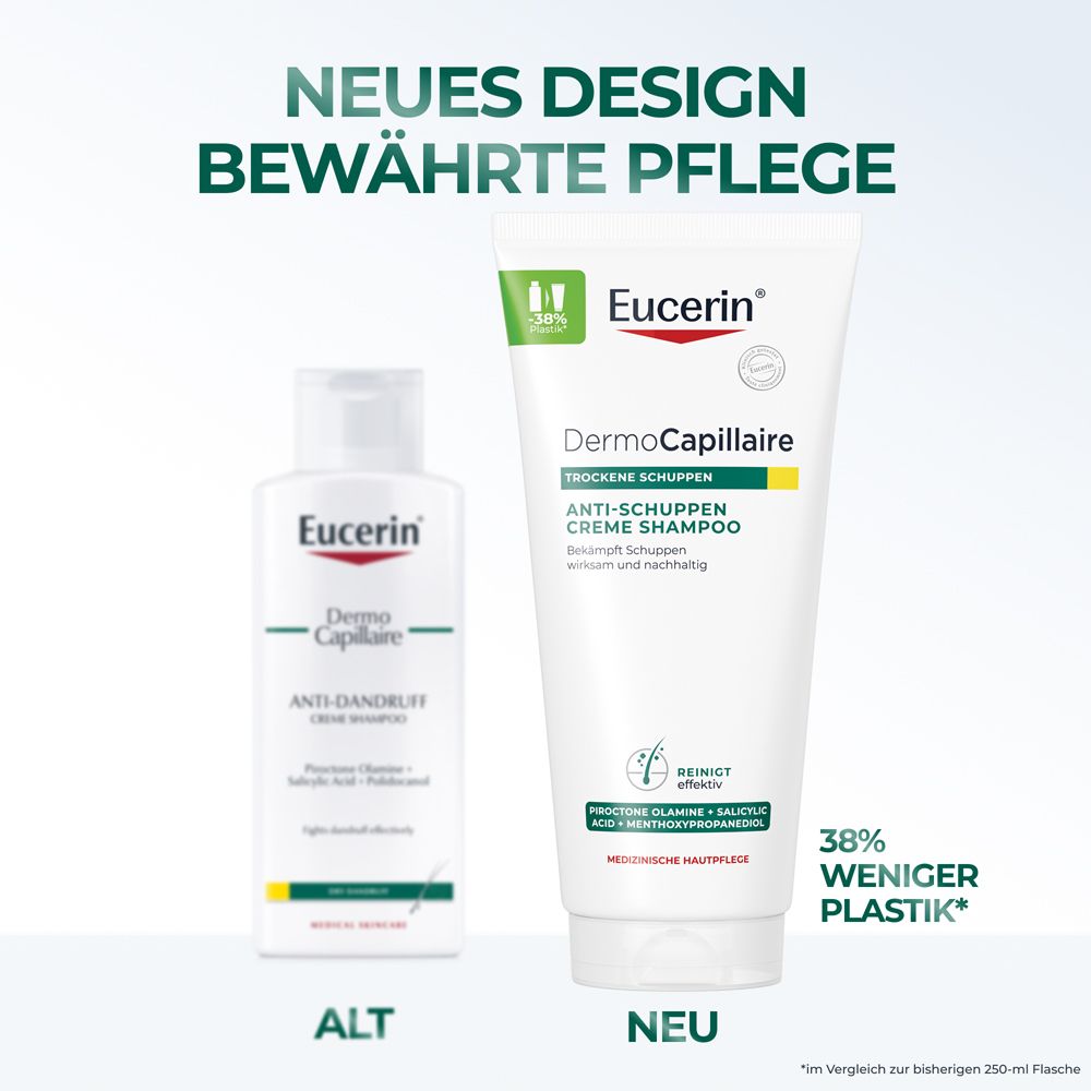 Vergleich von altem und neuem Eucerin DermoCapillaire Shampoo.