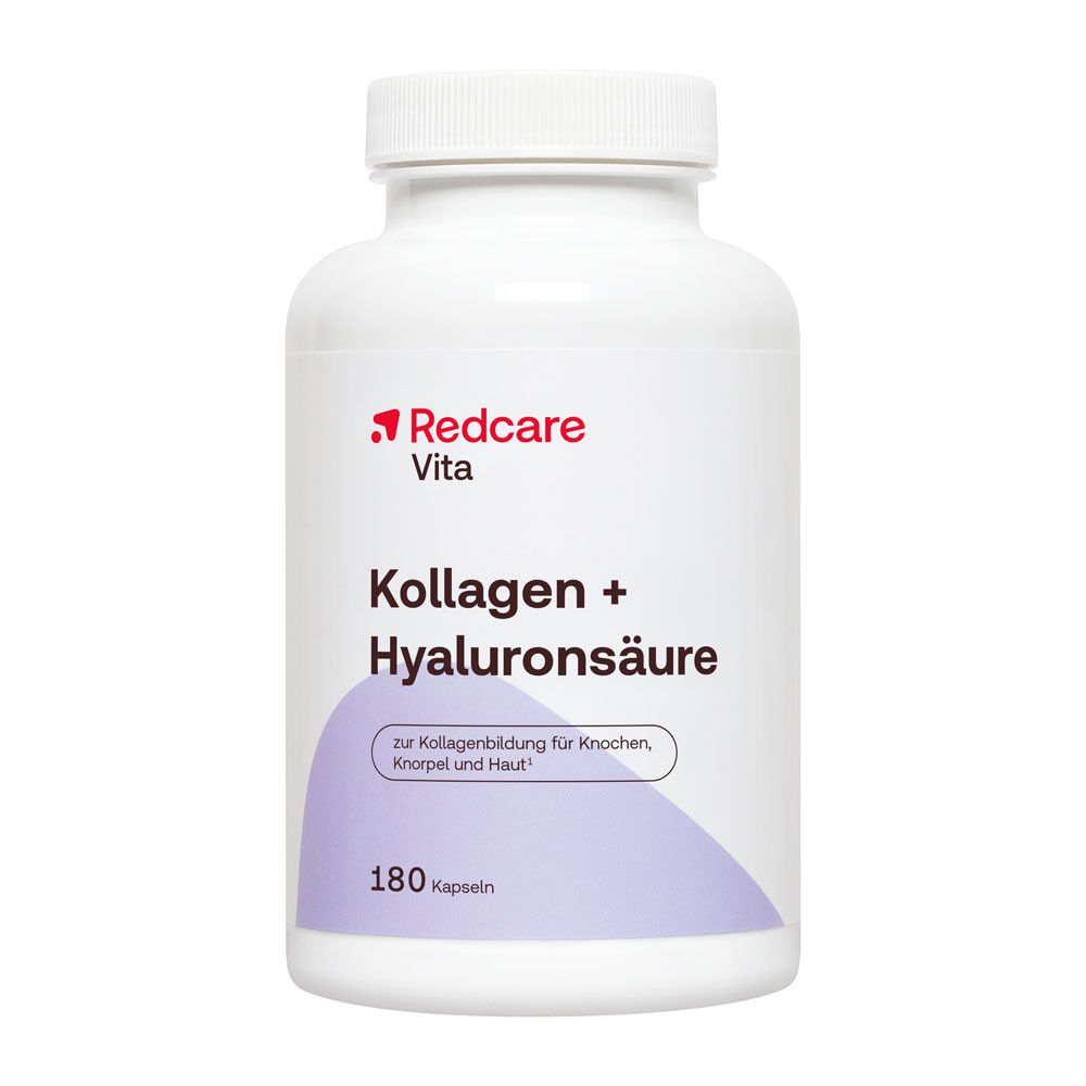 Pot blanc avec Redcare Vita Collagène + Acide Hyaluronique, 180 gélules.