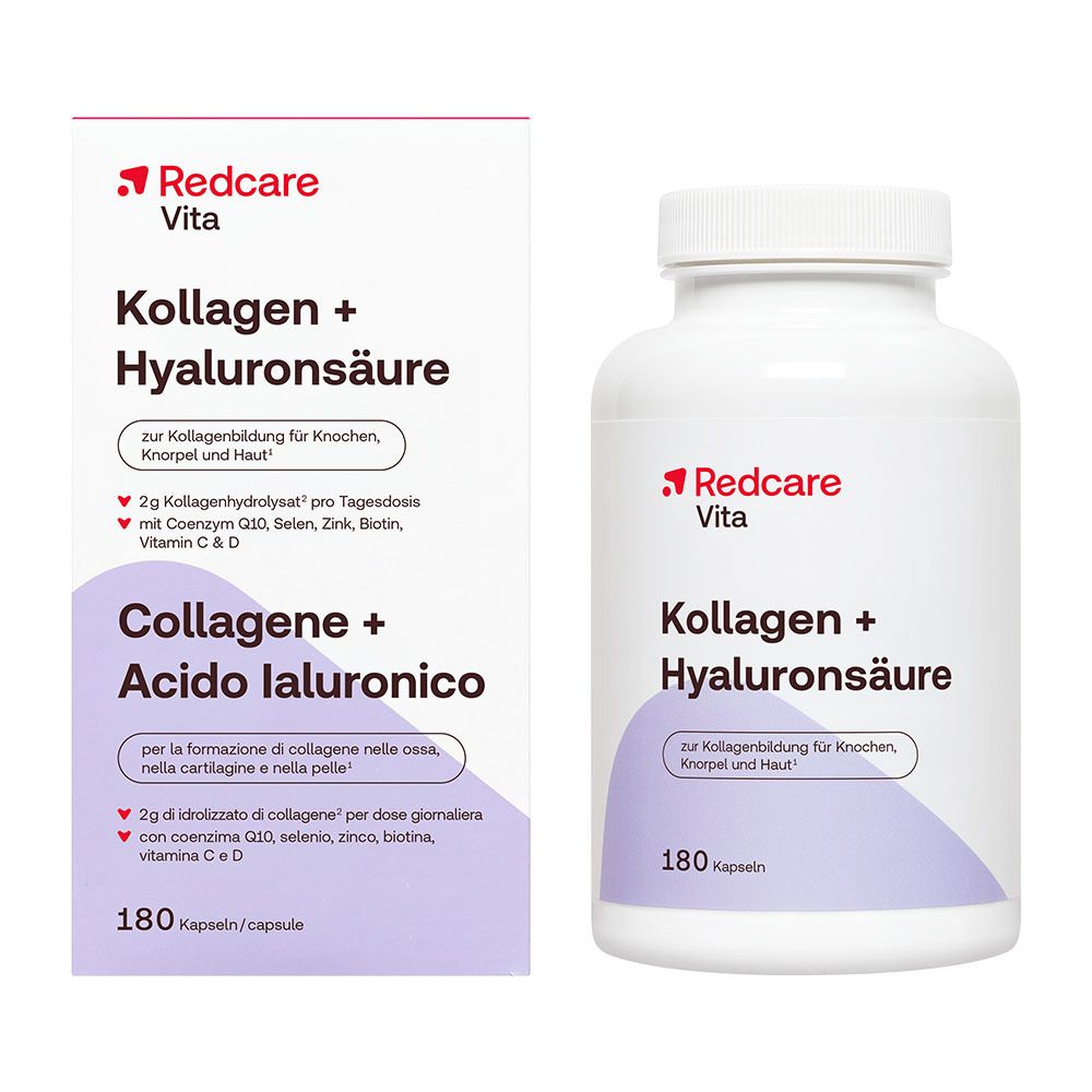 Pot et emballage Redcare Vita Collagène + Acide Hyaluronique, 180 gélules.