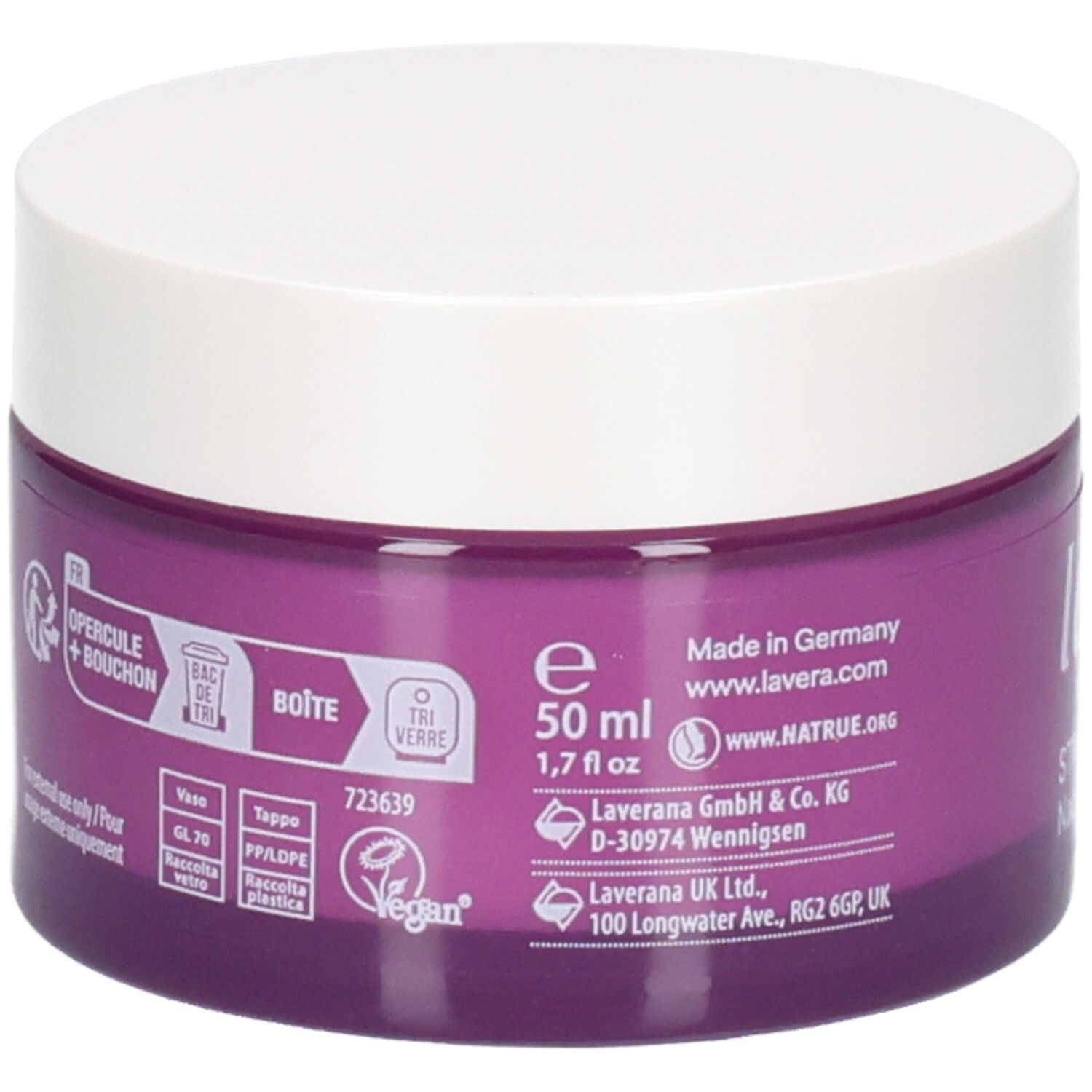 Rückseite eines lila Tiegels mit Produktinformationen und 50 ml Angabe.