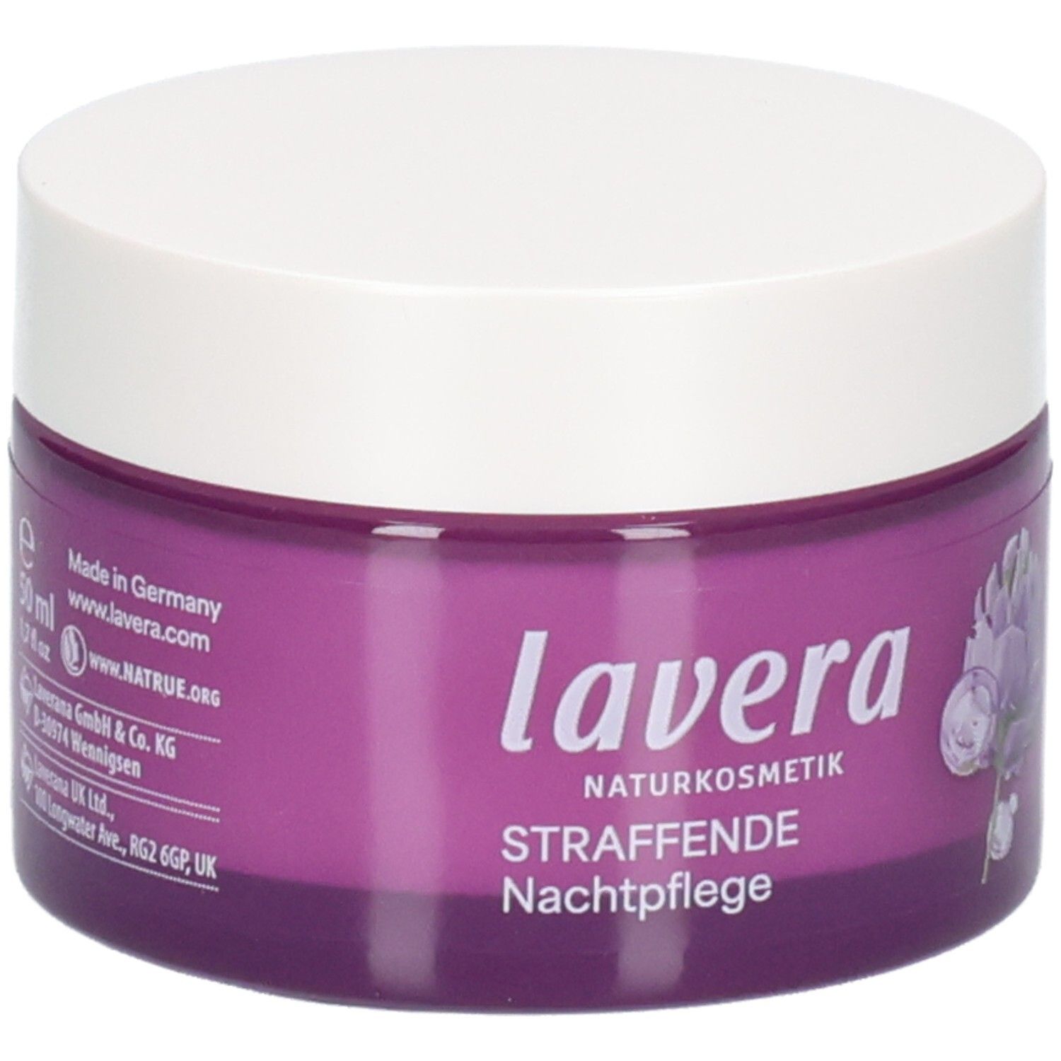 Lila Tiegel mit weißem Deckel, Lavera Naturkosmetik Straffende Nachtpflege, Made in Germany.