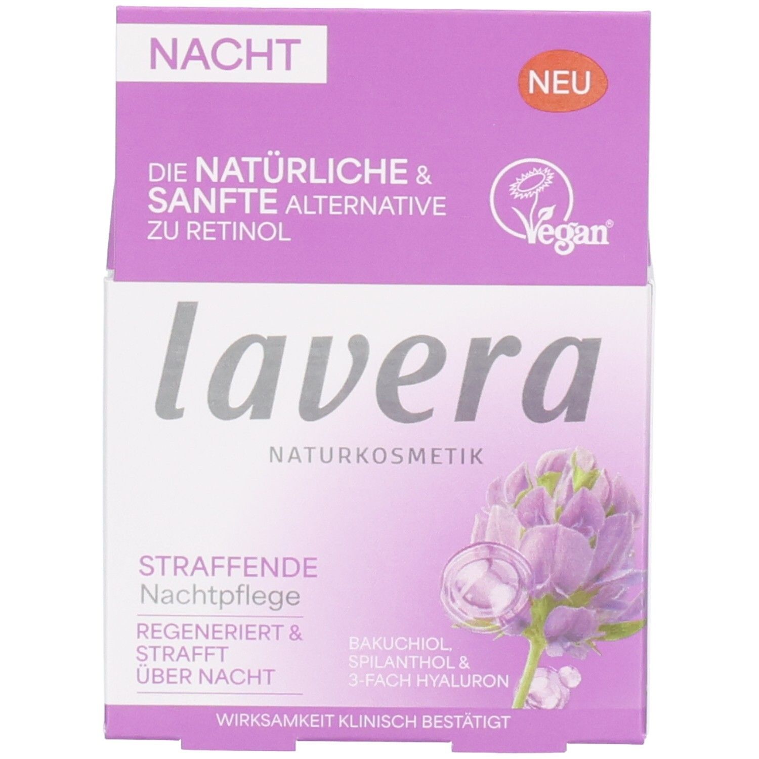 Vorderseite der lila Kartonverpackung, Lavera Naturkosmetik Straffende Nachtpflege, Vegan.