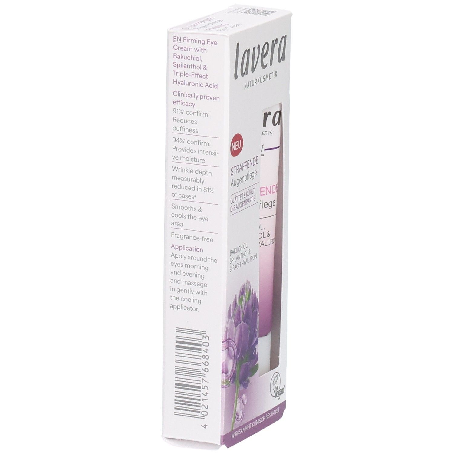 Lavera Naturkosmetik Soin raffermissant pour les yeux, verso de la boîte pliante avec informations produit.