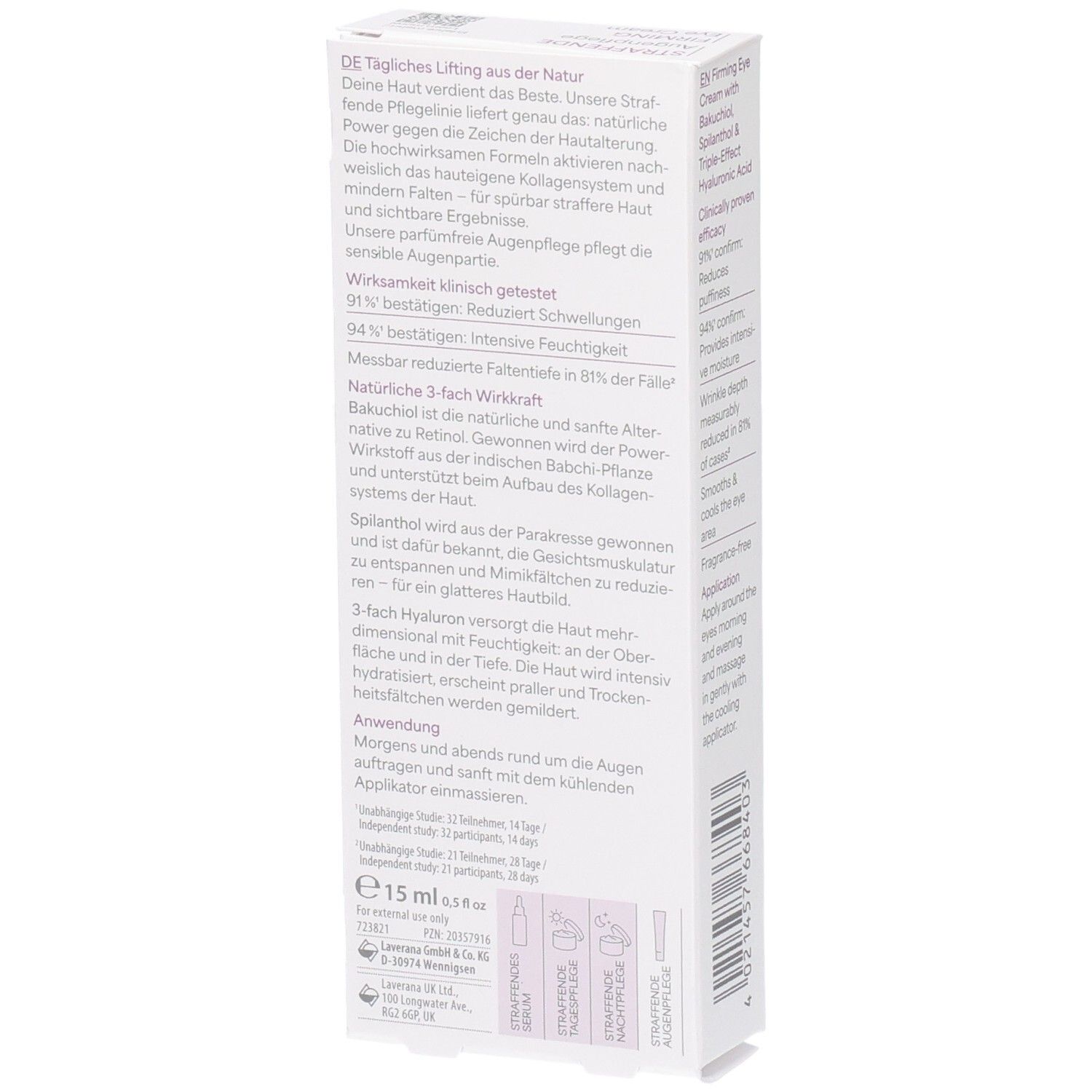 Lavera Naturkosmetik Soin raffermissant pour les yeux, vue latérale de la boîte pliante avec ingrédients.