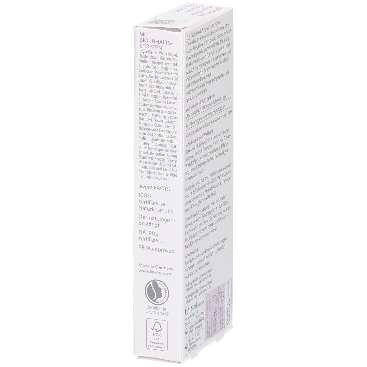 Lavera Naturkosmetik Soin raffermissant pour les yeux, vue latérale de la boîte pliante avec sceaux et certificats.