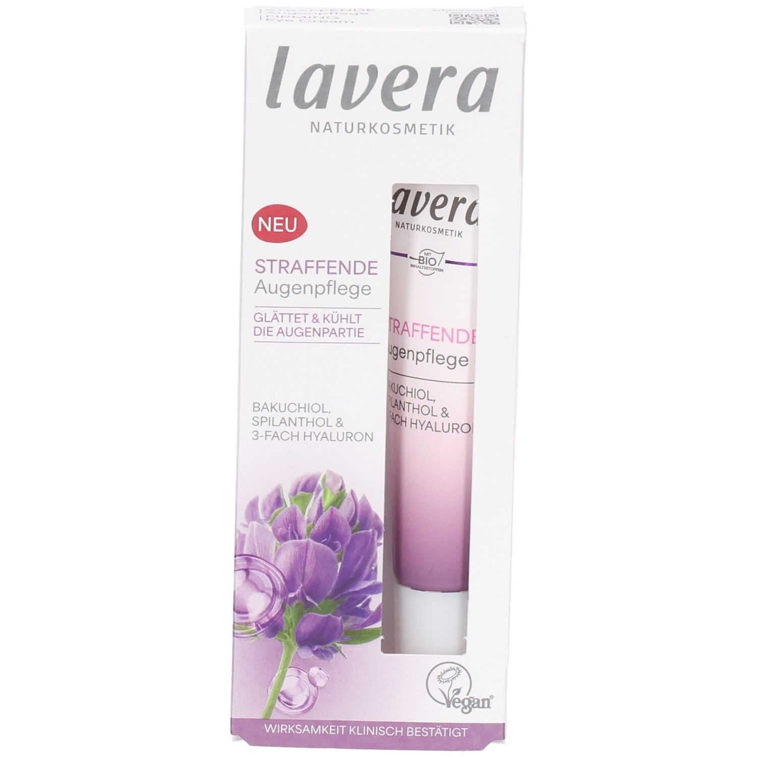 Lavera Naturkosmetik Soin raffermissant pour les yeux en boîte pliante avec tube, vue de face.