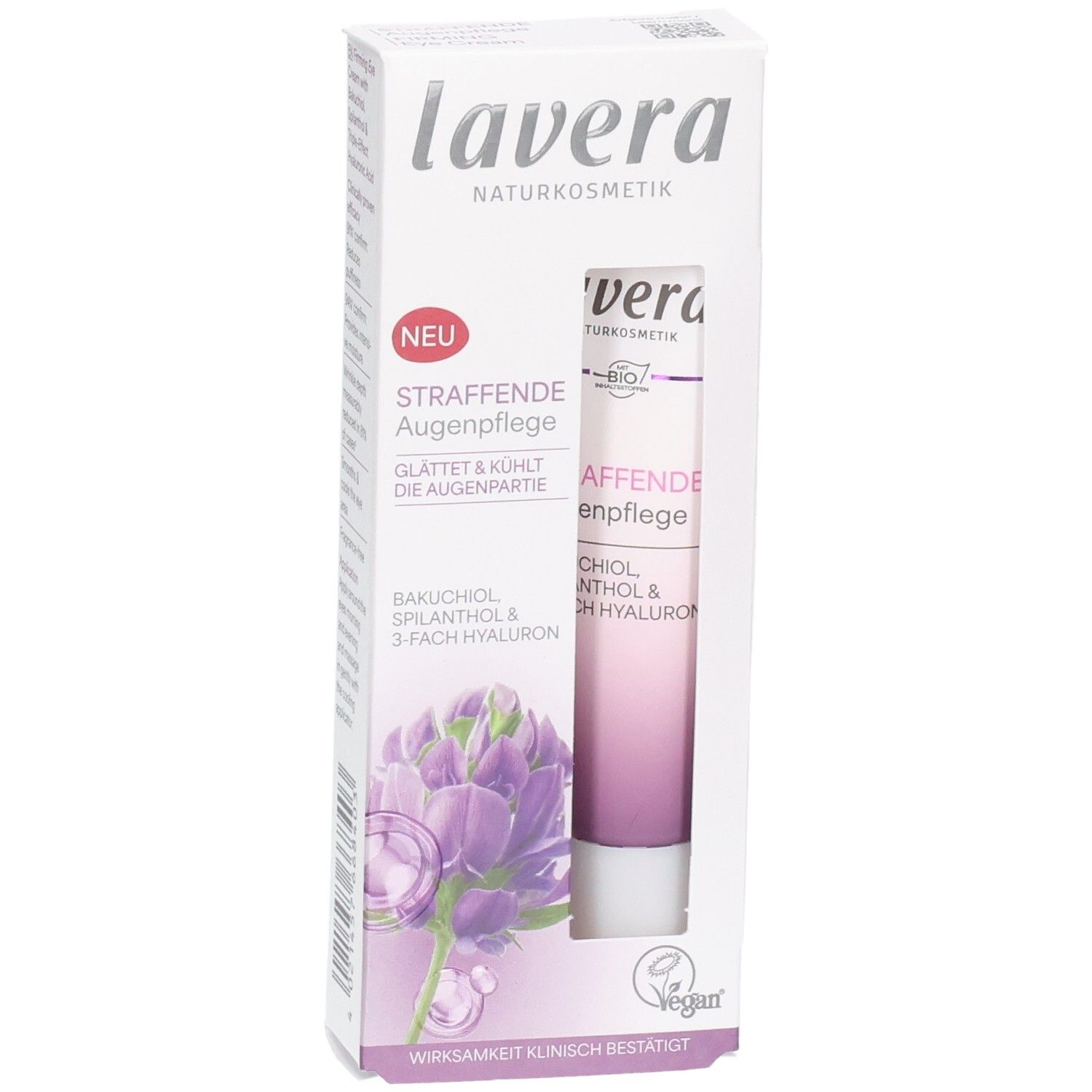 Lavera Naturkosmetik Soin raffermissant pour les yeux en boîte pliante avec tube, vue de face.