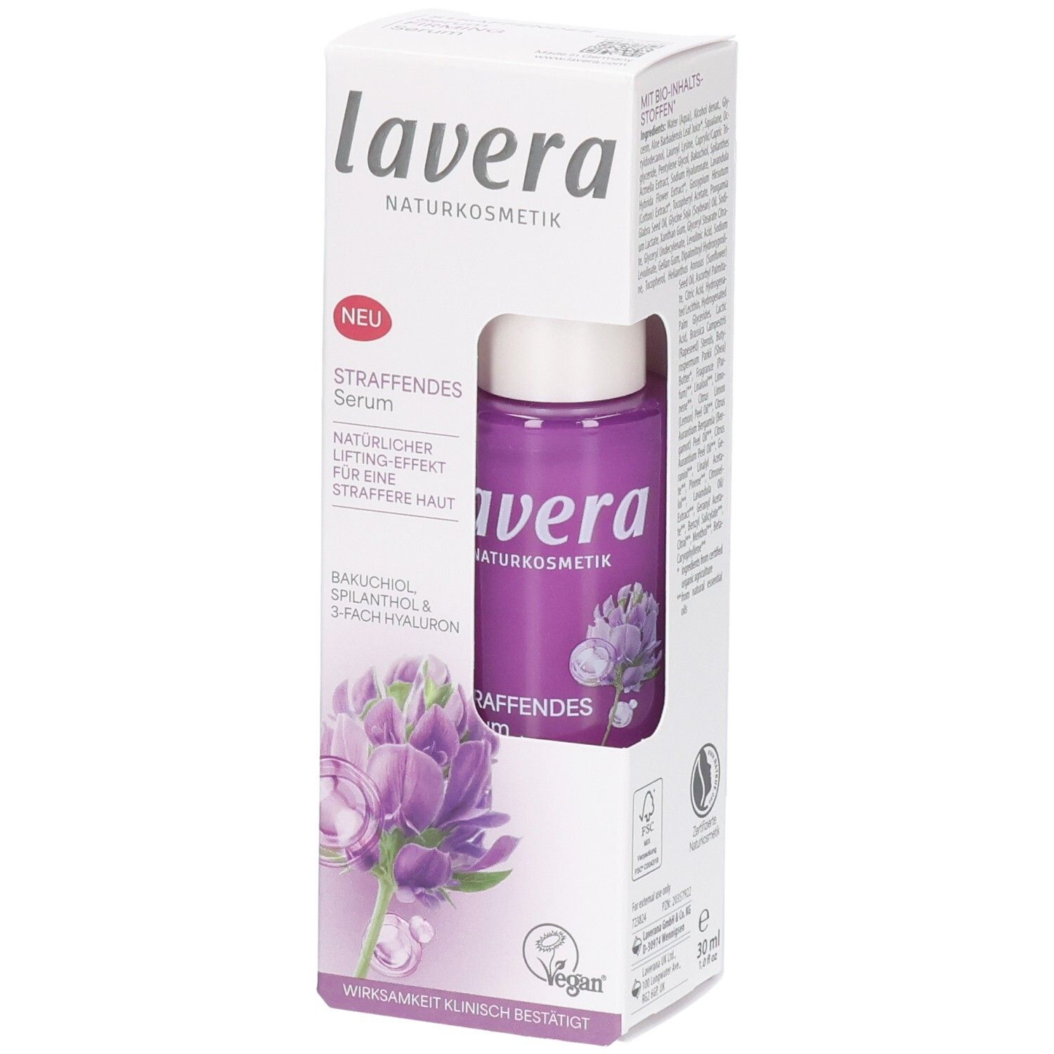 Lavera Straffendes Serum in violetter Flasche, verpackt in weißer Kartonage mit Blütenmotiv.