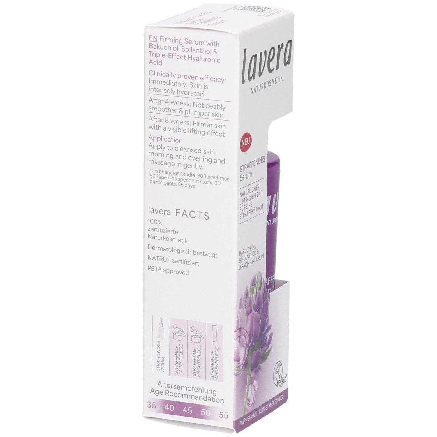 Rückseite der Lavera Straffendes Serum Verpackung mit Produktinformationen und Altersempfehlung.
