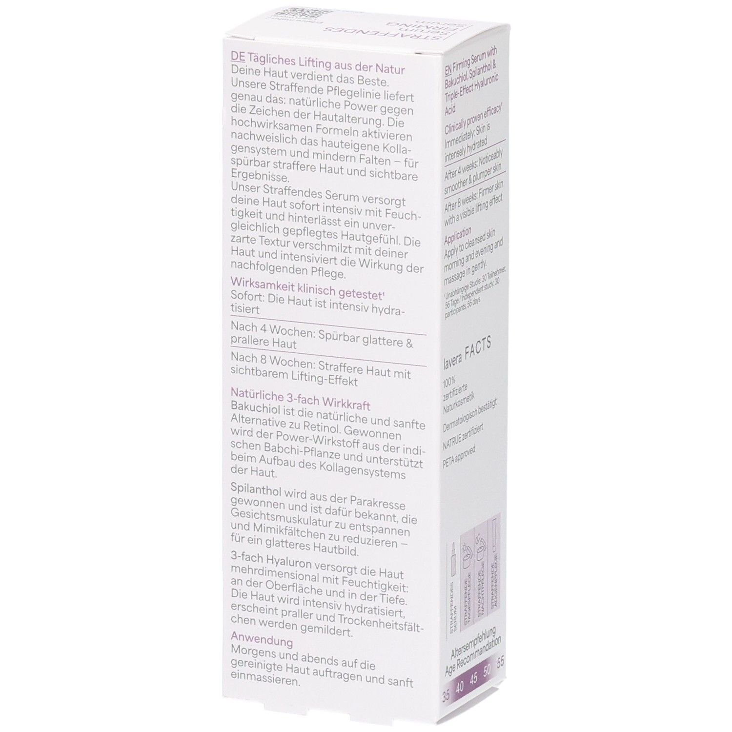 Seitenansicht der Lavera Straffendes Serum Verpackung mit detaillierten Produktbeschreibungen.
