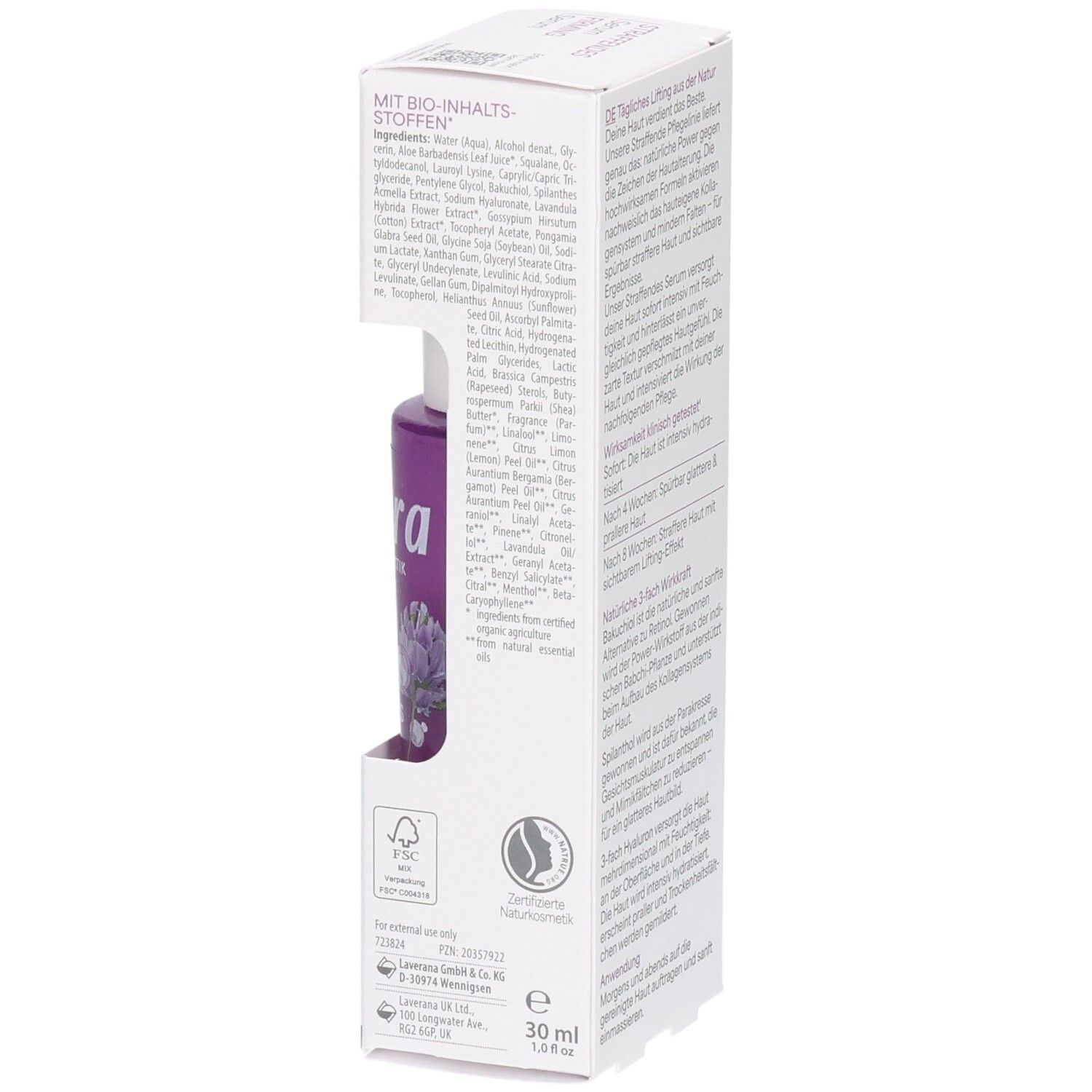 Detailansicht der Inhaltsstoffe auf der Lavera Straffendes Serum Verpackung.
