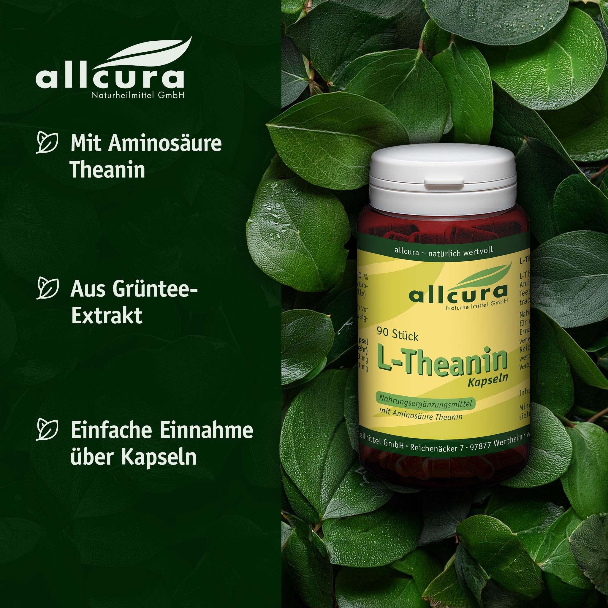 Braune Kapsel-Dose mit weißem Deckel, umgeben von grünen Blättern. Text: allcura, 90 Stück, L-Theanin Kapseln. Text und grüne Blätter.