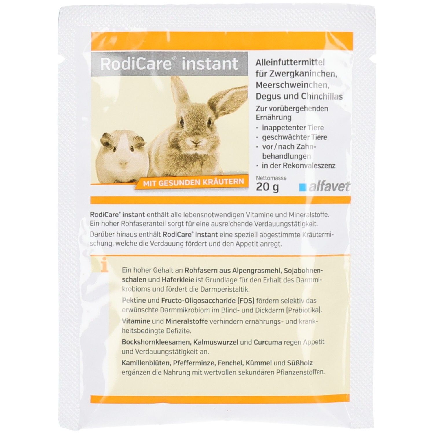 Beutel mit Produktabbildung und Text. Enthält Kaninchen und Meerschweinchen. Text: RodiCare instant, 20g, mit gesunden Kräutern.