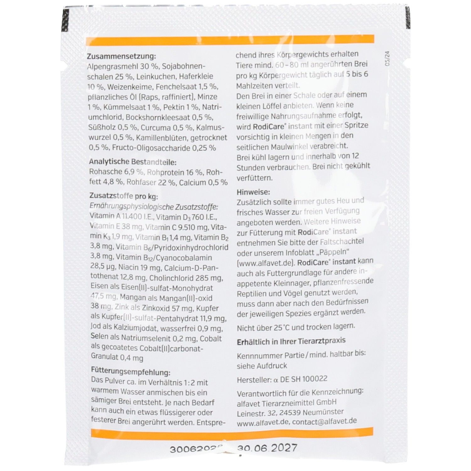 Rückseite des Beutels mit Text. Enthält Informationen zu Inhaltsstoffen, Fütterungsempfehlung und Hersteller.