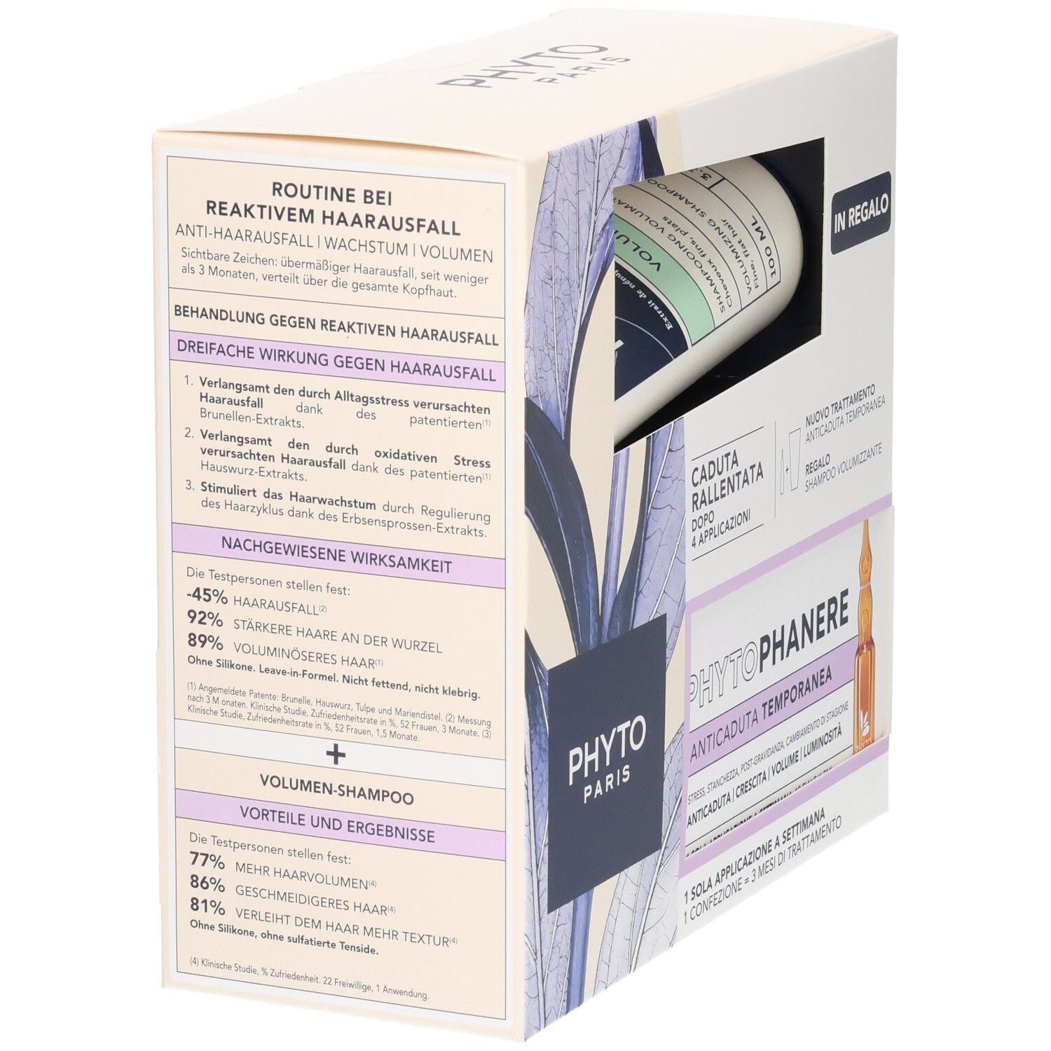 Phyto PhytoPhanère Haarausfall-Behandlungskarton mit Fläschchen und Shampoo-Probe. Informationen zu Wirksamkeit und Anwendung.