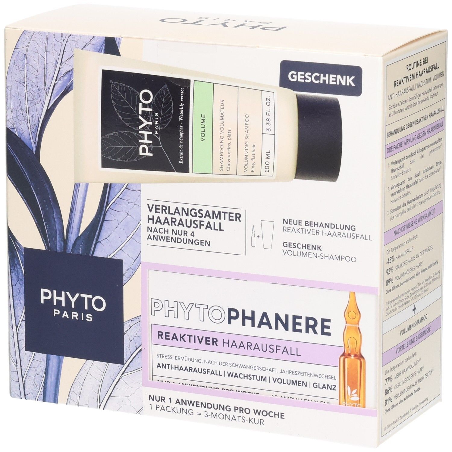 Phyto PhytoPhanere Set gegen Haarausfall mit 100ml Volumen-Shampoo und Ampullen.