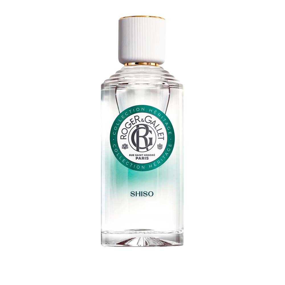 Flakon mit weißem Deckel und grünem Etikett. Aufschrift: Roger & Gallet, Shiso. Klarer Inhalt.