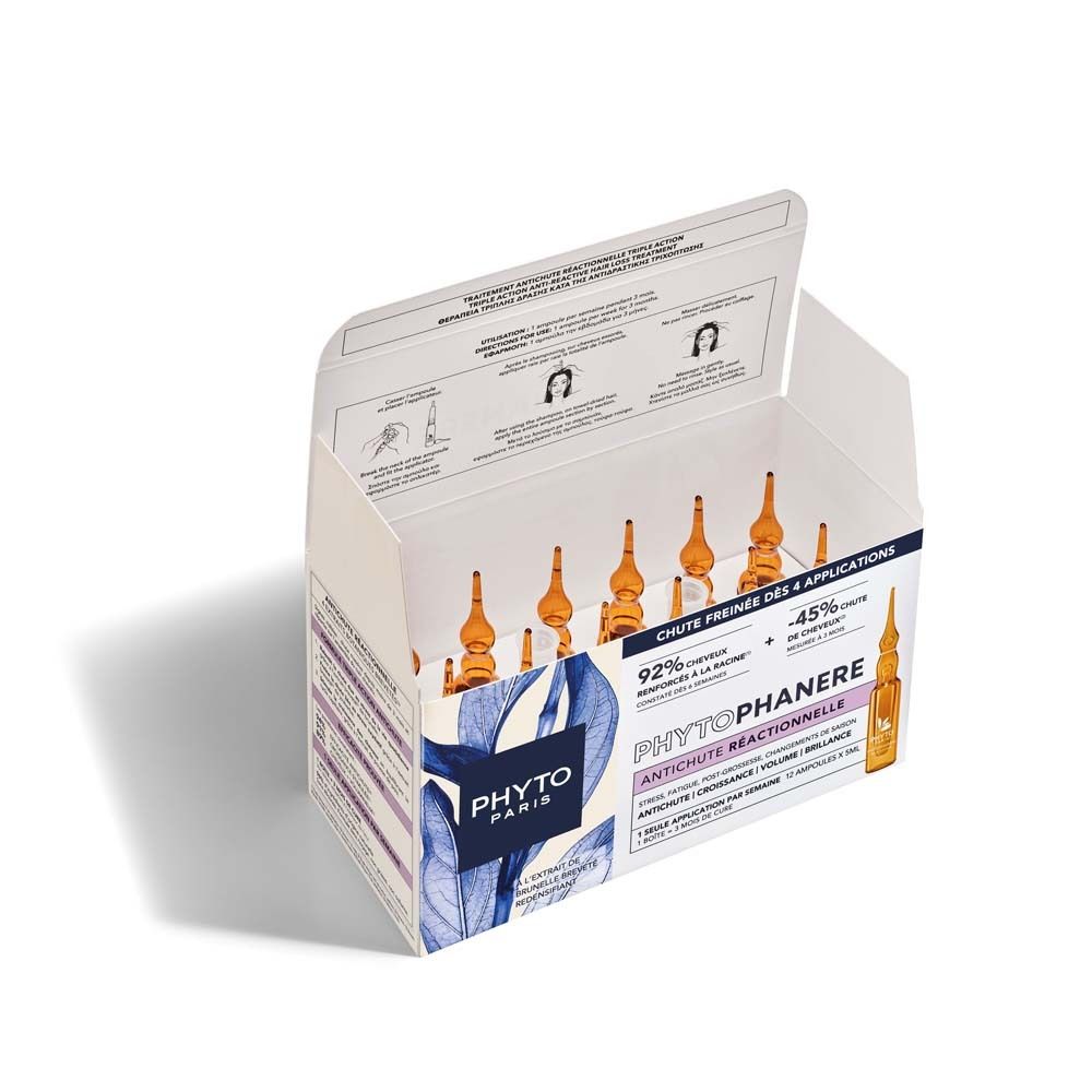 Packung mit 12 Phyto Paris Anti-Haarausfall-Ampullen, bernsteinfarben.