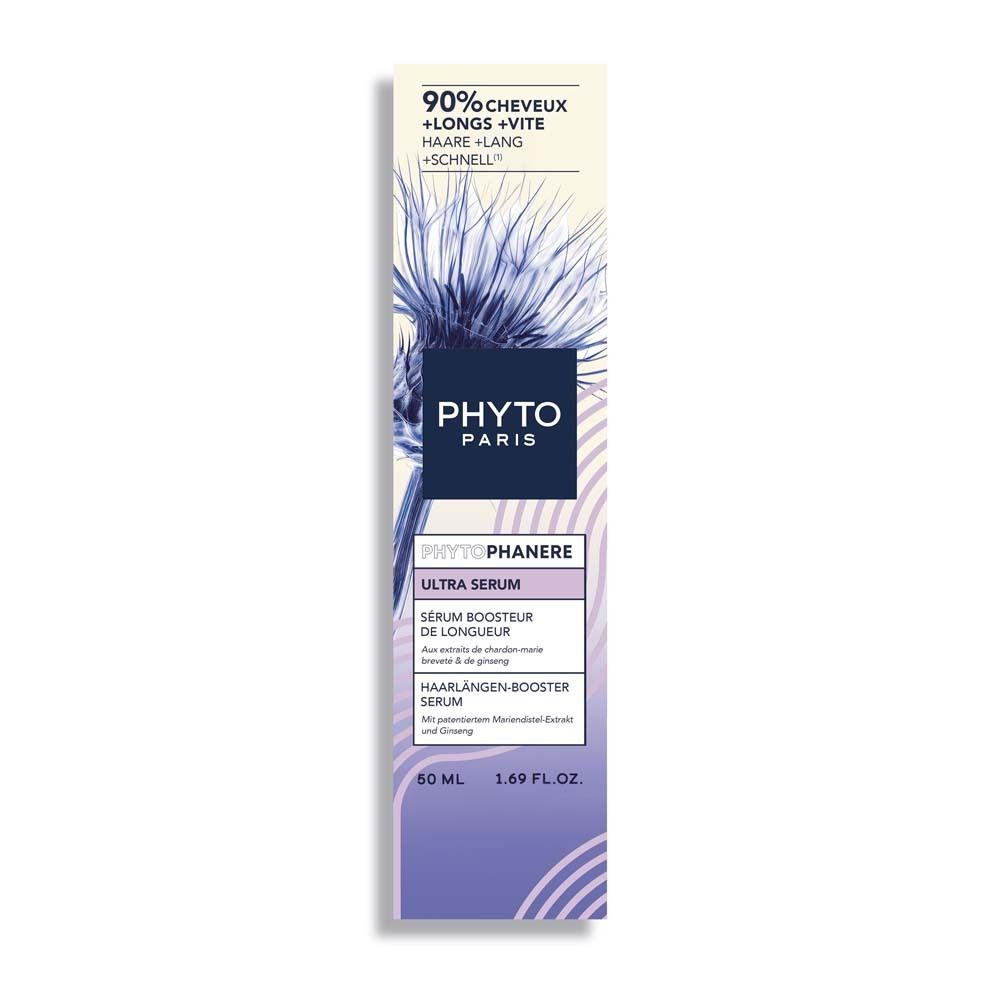 Phyto Phytojane Ultra Serum Verpackung mit 60ml Inhalt. Zeigt eine stilisierte Pflanze und Text über Haarlängen-Booster.