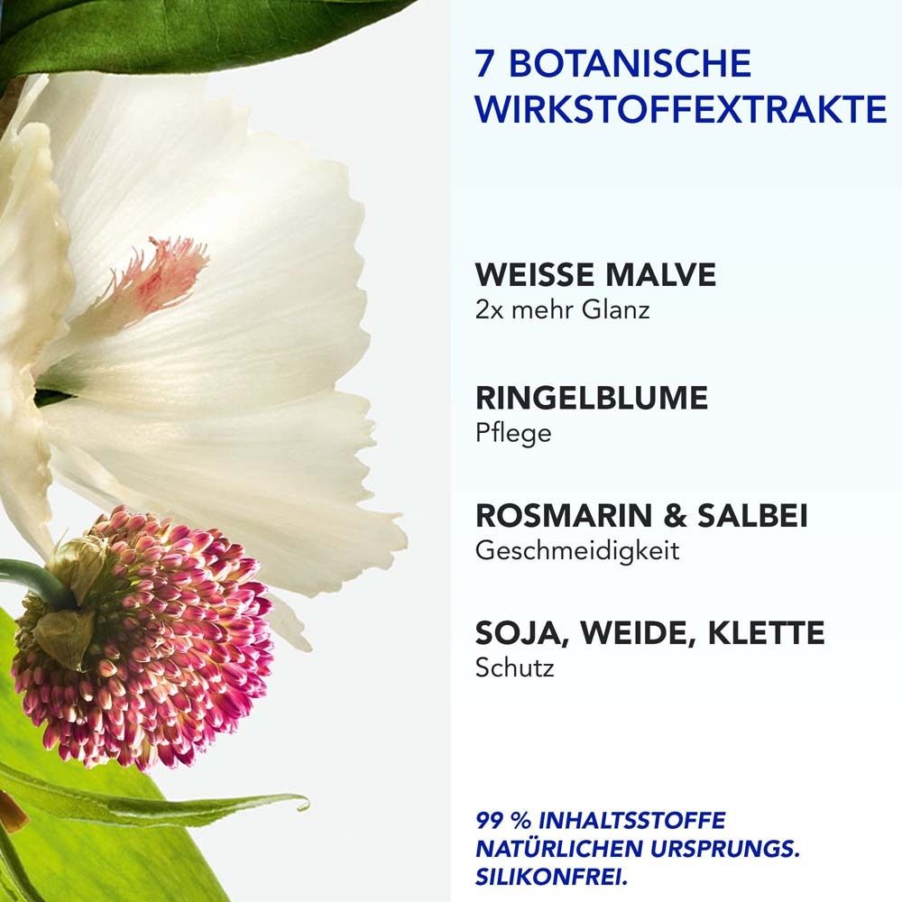 Text mit Inhaltsstoffen: Weiße Malve, Ringelblume, Rosmarin & Salbei, Soja, Weide, Klette. 99% Inhaltsstoffe natürlichen Ursprungs.