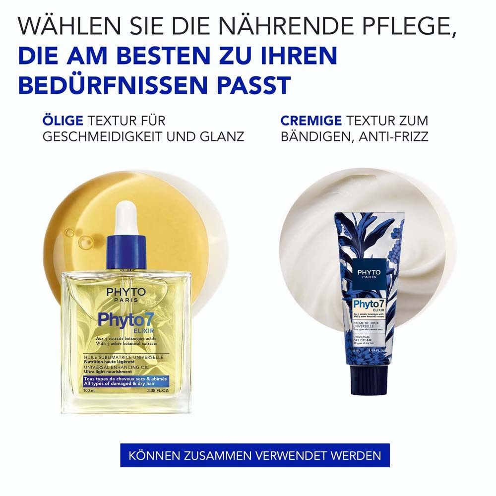 Zwei Produkte: Öl und Creme. Text: PHYTO PARIS, Phyto 7 Elixir. Creme für Geschmeidigkeit und Glanz, Creme für Anti-Frizz.