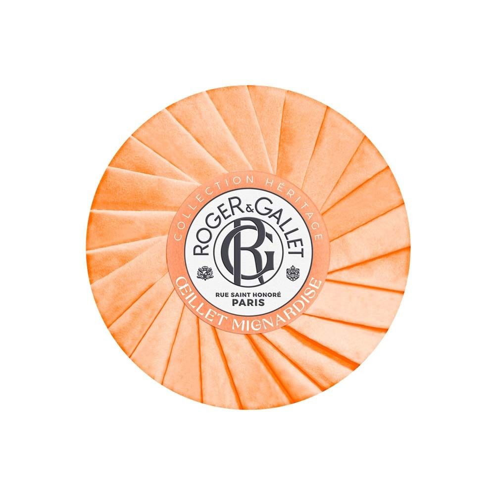 Roger & Gallet Seife ŒILLET MIGNARDISE, orangefarben, kreisförmig, in Papier gewickelt.